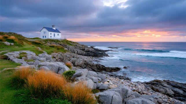 Lighthouse building standing on rocky coast at sunset - Powered by Adobe