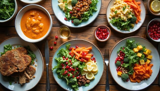 Several plates of vibrant, nutritious food arranged on wooden table. Meals include fresh salad, soup, and hearty bread slices. Offers colorful display of healthy diet options for balanced nourishment.