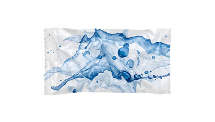 Fototapeta premium Modern snack packaging with abstract blue fluid splash design on the transparent background, trendy artistic wrapper template for food branding