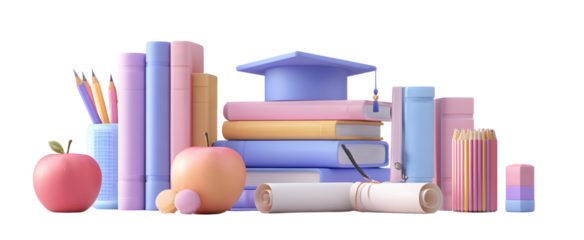 3d set of school and education icon render. Book stack with apple, hands of happy students throw up graduation cap and diploma scroll, stationery supplies - pen, pencil, ruler, eraser