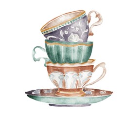 Stacked watercolor vintage teacups on saucer