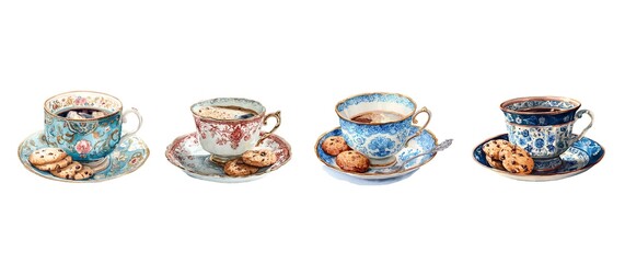 Ornate teacups with cookies on saucers