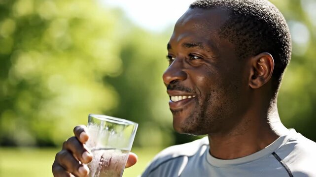 An athletic African American man drinks a refreshing glass of water outdoors. A thirsty person hydrating after a workout smiles at the camera. Healthy lifestyle concept