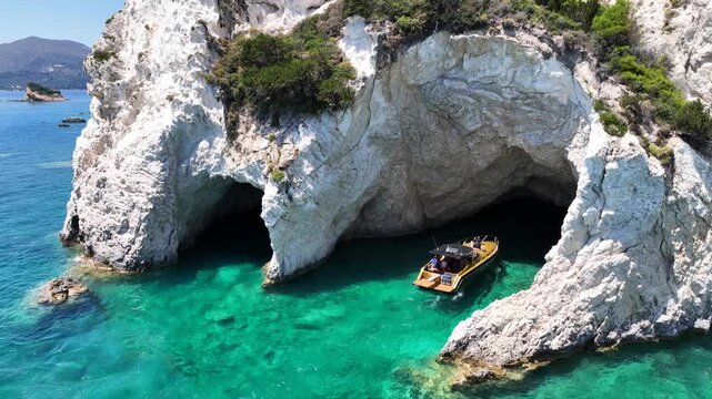 Aerial drone cinematic video of amazing white rock sea caves forming a blue lagoon visited by tour speed boats in small turtle island of Marathonisi, Zakinthos island, Ionian, Greece