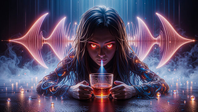 Crimson gaze the alchemist of frequencies.
A woman with intense red eyes is focused on a glass filled with a glowing liquid, positioned on a glossy surface.