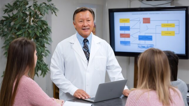 Doctor teaching medical students during presentation