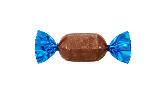 Chocolate candy in blue wrapper isolated on the transparent background  sweet confectionery treat for holiday parties and gift packaging