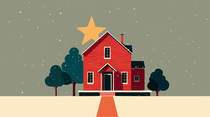 Winter house with a large star above the roof, snowy landscape and simple clean composition suitable for holiday themes, decor, marketing, packaging, real estate and general seasonal visuals