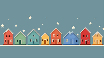 Minimal flat illustration of small colorful houses in a row under falling star shapes, simple clean scene for decor, packaging or children’s graphics, with space for text