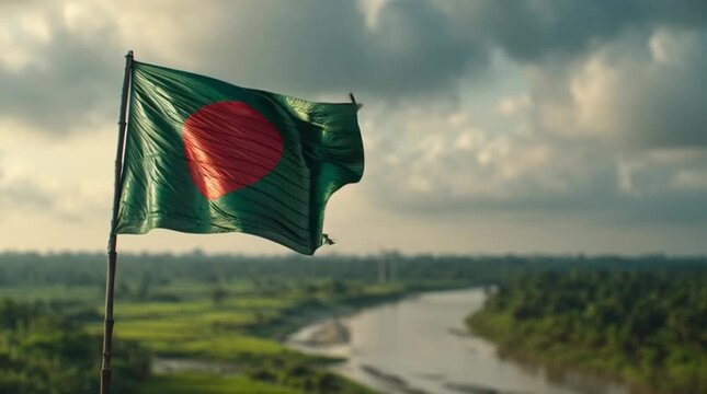 Bangladesh flag waving with river and nature background