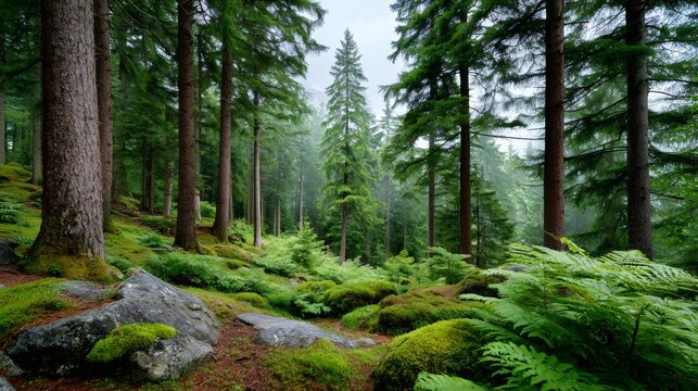 Green forest floor with moss and ferns
