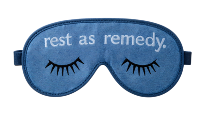 Blue sleep mask with rest as remedy text, eyelash embroidery, comfortable eye cover for relaxation, travel, napping, and wellness