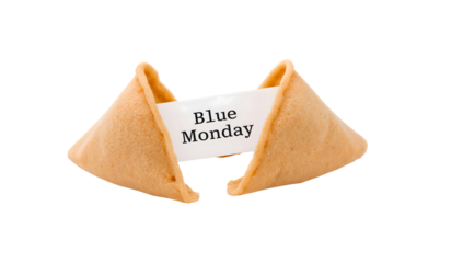 Fortune cookie with blue monday message on the transparent background symbolizing sadness, seasonal depression, and unexpected emotions