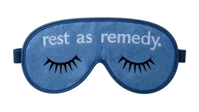 Blue sleep mask with rest as remedy text, eyelash embroidery, comfortable eye cover for relaxation, travel, napping, and wellness
