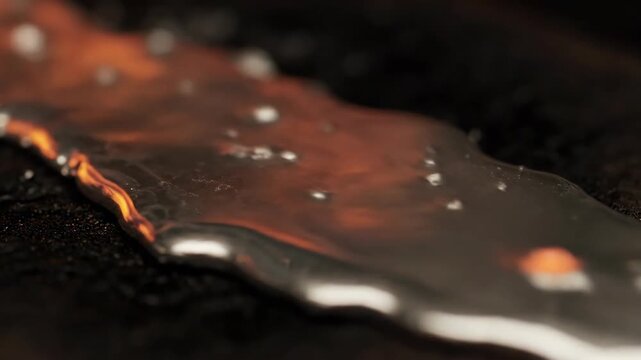 Melting silver on black surface, macro shot of liquid metal with fire reflection, metallurgy, metalworking, industry, gold.