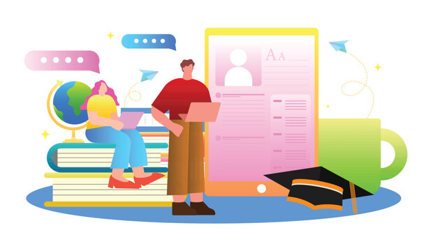 Education and online learning with students engaging in creative activities. Vector illustration