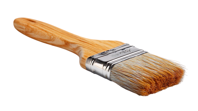 Paint brush with wooden handle isolated on transparent background, closeup shot