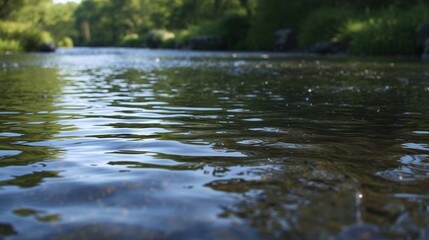 Obraz premium Pure depiction of shimmering river presenting smooth stones beneath and lush grasses outlining its softly murmuring waterscape spring season wallpaper landscape nature background