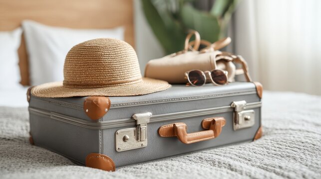 Summer travel essentials including a stylish suitcase, hat, sunglasses, and a bag ready for a relaxing getaway at a cozy hotel room