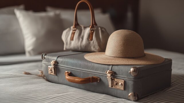 Packing for a summer getaway with a stylish hat and a handbag on a cozy bed in a hotel room