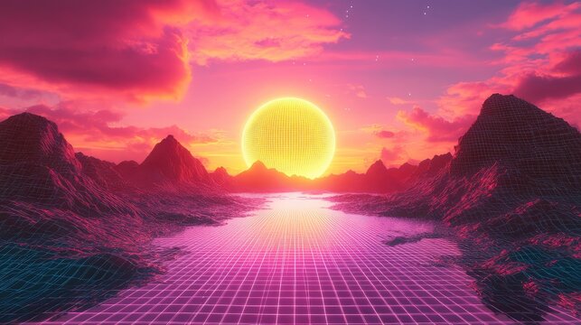 Retro futuristic grid landscape with glowing digital sun