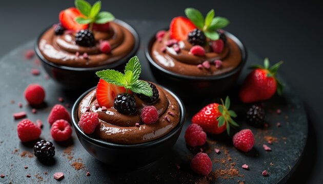 Three bowls of chocolate mousse with fresh berries and mint leaves. Rich dessert arranged on dark slate with cocoa powder scattered around. Smooth creamy sweet treat ready for eating.