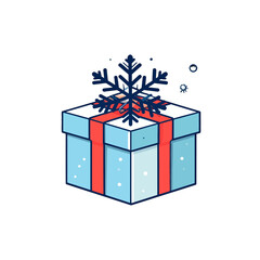 Light Blue Gift Box Tied With A Red Ribbon And A Snowflake On Top With Falling Snowflakes