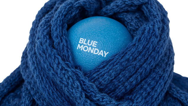 Blue monday concept with cozy blue scarf and ball, seasonal depression symbol, winter mood, mental health awareness - Powered by Adobe