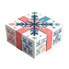 Square White Gift Box With Snowflake Pattern And Pink Ribbon Decorated With Blue Snowflakes