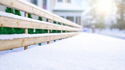 Winter Scene: A rustic wooden fence, dusted with snow, stands guard beside a pristine snow-covered area. the serene scene is painted with winter wonderland vibes - Powered by Adobe