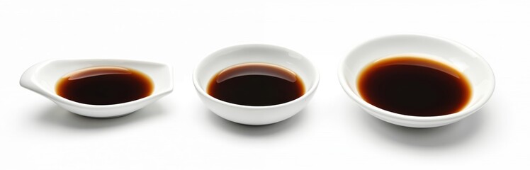 Three white porcelain bowls hold dark soy sauce. Arranged on a plain white backdrop, these containers showcase a common savory condiment. Ready for dipping.
