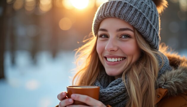 Smiling young woman enjoys hot drink in winter snow. She wears warm hat and scarf. Woman feels cozy and happy with mug of tea or coffee outdoors.