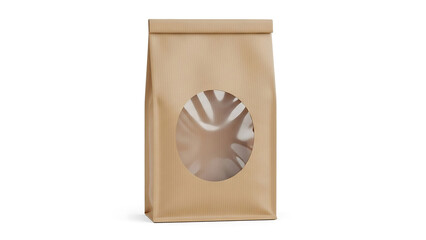 Blank brown kraft paper pouch with clear window for food packaging, eco friendly mockup bag isolated on white background