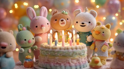 Fototapeta premium Cute animal characters celebrate a joyful birthday party with colorful cake and candles surrounded by festive decorations
