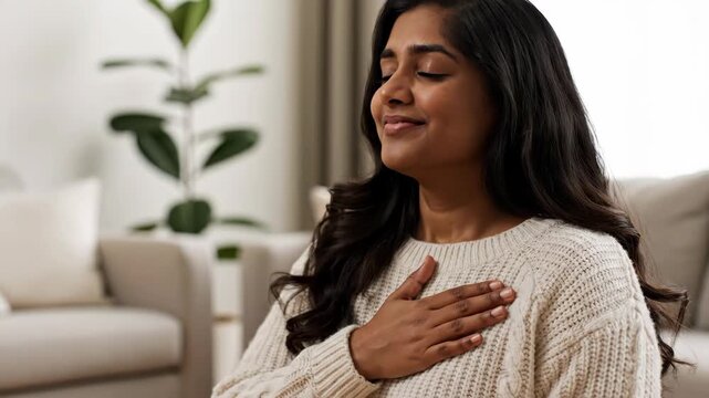 A young woman practices a deep breathing exercise with her hand on her chest. Managing stress and anxiety through mindfulness. Mental health and self-care concept
