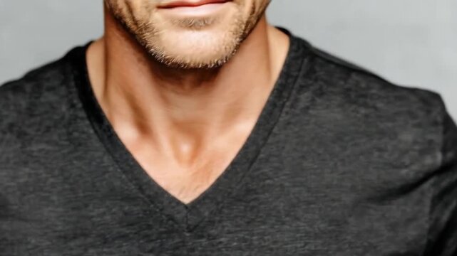 Close up portrait of a person wearing a black v neck shirt