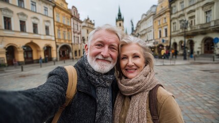 Couple smiles together in a historic town square during a cloudy day in the afternoon light