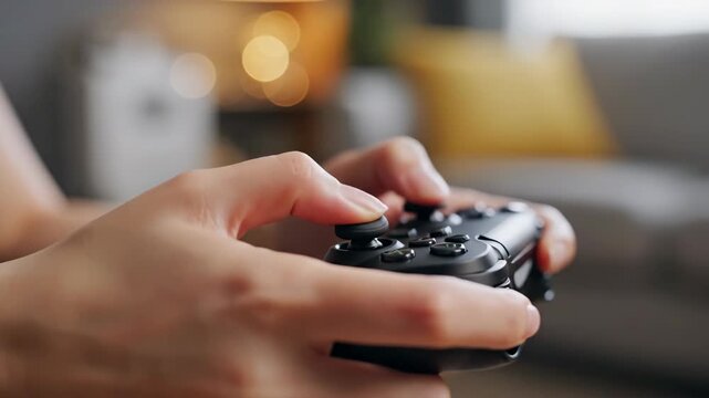 Close-up of hands playing a video game with a controller. A gamer actively moves the joystick on a black gamepad. Entertainment and modern hobby concept