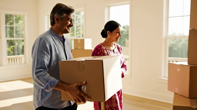 A happy South Asian couple carries a cardboard box into their new home. Man and woman smiling together on moving day. Real estate and new beginnings concept