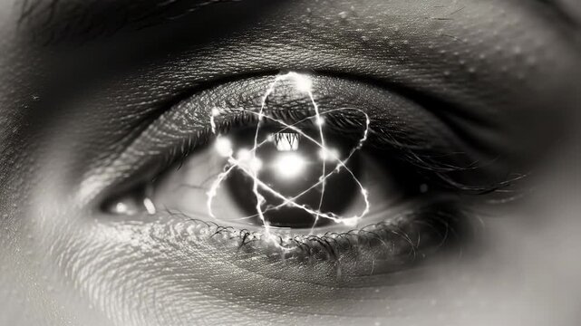 A monochromatic close-up shot of an eye with a glowing atomic structure overlay, blending science and vision, highlighting detail and artistic vision.