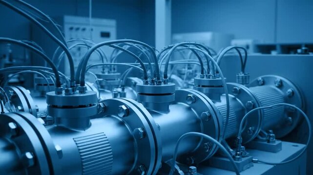 Close up on blue hued metal pipes with flanges and cable connections in an industrial setup. Laboratory equipment creates depth in the background of this monotone image.