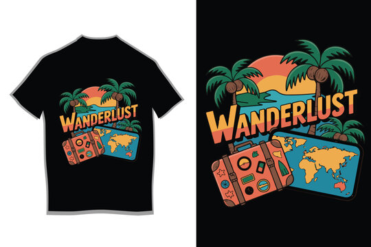 Vintage Tropical Wanderlust T-shirt Design with Suitcase and Map