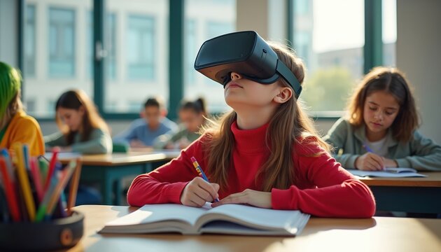 Young girl wearing VR headset sits at desk in classroom writing in book with pencil. Other students study in background. Girl has long hair and red sweater. Classroom has large bright windows.