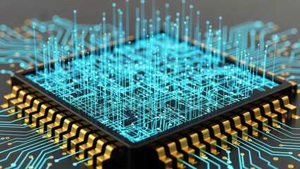 Macro shot of a microchip with glowing neural network pattern