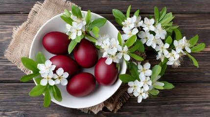 Red Easter eggs with cherry blossom branches celebrating spring