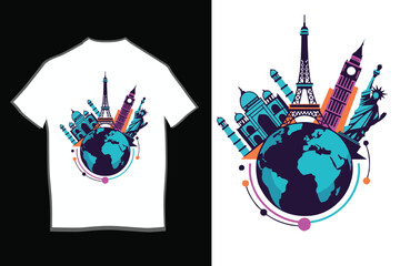 Vibrant Cyberpunk World Travel Landmarks T-shirt Graphic