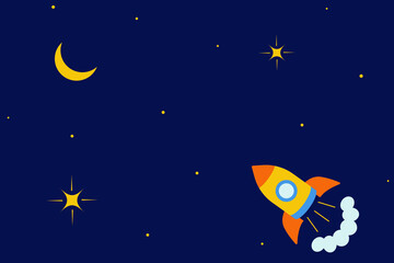 Obraz premium Rocket, moon and stars isolated on a blue background. Cosmos seamless pattern under clipping mask, convenient for editing. Flat style. Childish background for textile, paper, cover.