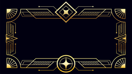 Template Elegant gold Art Deco frame on a dark background featuring geometric line, symmetrical border, and angular decorative shapes, perfect for luxury invitation, certificate, and premium design 