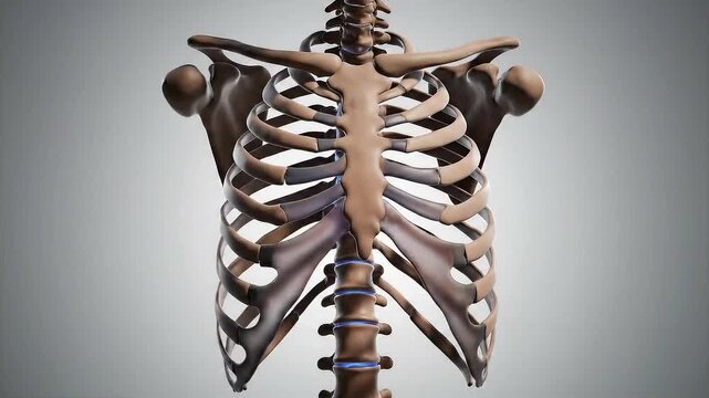 Detailed 3D Medical Animation of Human Thoracic Skeleton and Spine Rotation with Blue Spinal Cord Highlights and Soft Gray Background - Powered by Adobe