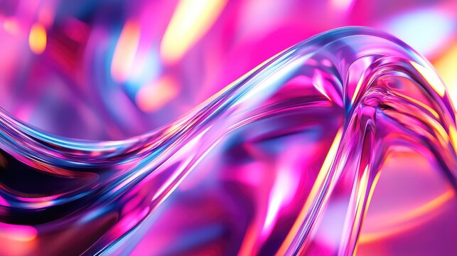 Abstract glass waves reflecting vibrant neon colors